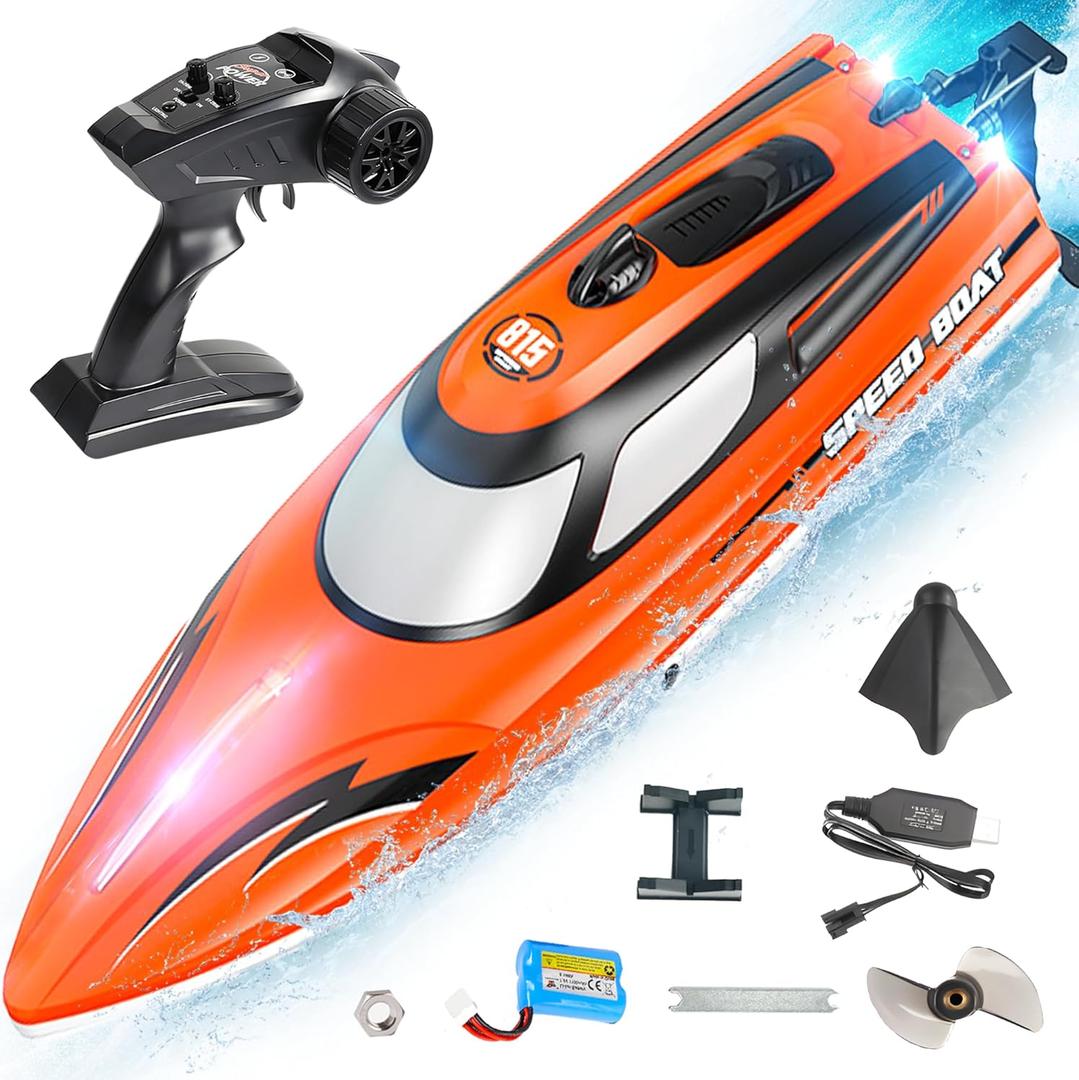 BEZGAR RC Boat for Kids & Adults, 14 inch Fast RC Speed Boat with 1100mAh Battery, Waterproof Toy for Lakes & Pools - HJ815 Orange