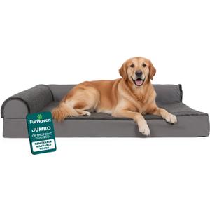 FurHaven Orthopedic Dog Bed for X-Large Dogs, L-Shaped Chaise Mattress with Egg Crate Orthopedic Memory Foam for Joint Support, Removable Washable Cover, Jumbo/XL, Plush & Velvet, Platinum Gray