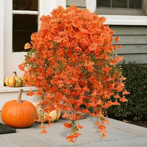 2 x 2pcs Fall Flower for Outdoor Decoration Faux Hanging Flowers UV Resistant Artificial Morning Glory Plants for Autumn Outside Planter Porch Patio Balcony Yard(Orange)