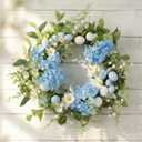 Suncalla 16 Inch Easter Eggs Wreaths for Front Door Hydrangea Easter Wreaths Artificial Blue White Floral Spring Summer Wreath for Front Door Indoor Outdoor Home Porch Wall Window Festival Decoration