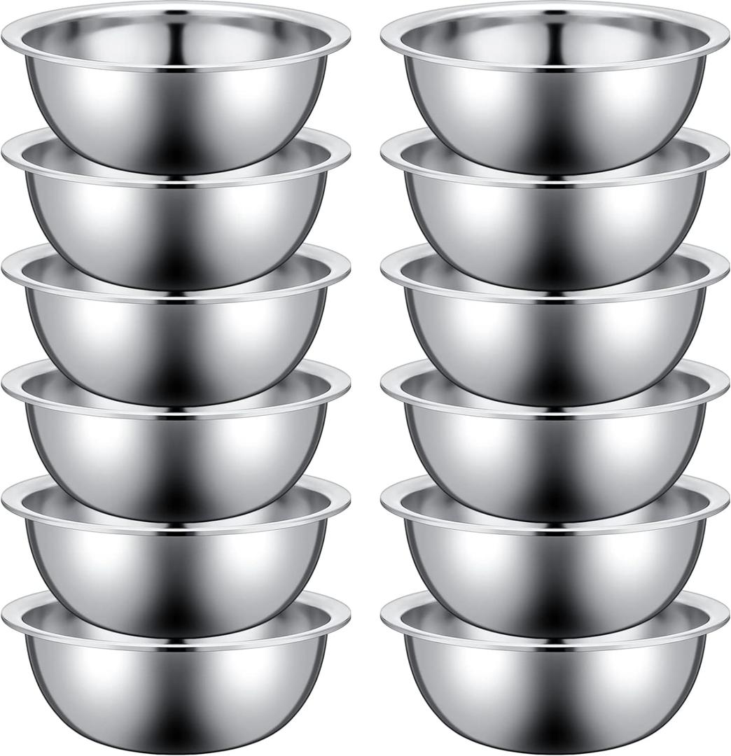 Pinkunn Set of 12 Stainless Steel Mixing Bowls, Nesting Metal Prep Salad Bowl Bulk Kitchen Large Reusable Baking Food Container for Hotel Restaurant Home Cooking, Silver(8.66 x 3 Inch)