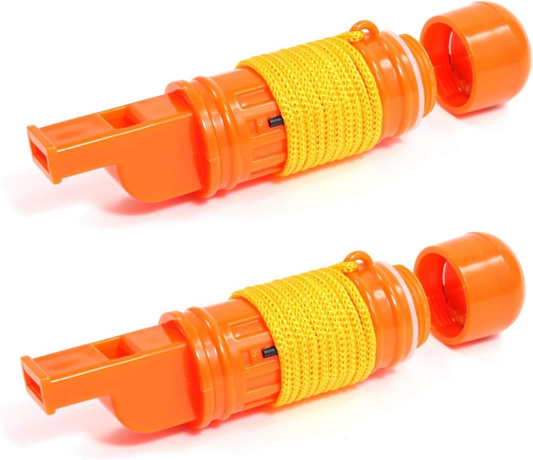 SE 5-in-1 Orange Survival Whistle with Compass, Signaling Mirror, Lanyard, and Fire Starter - 112dB, 4.5-Inch Length - Ideal for Hiking, Camping, Emergencies (2-Pack) - CCH5
