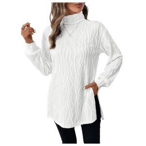 Verdusa Women's Textured High Neck Long Sleeve T Shirts Split Side Long Tee Tops Fall Outfits White Large (White, L)