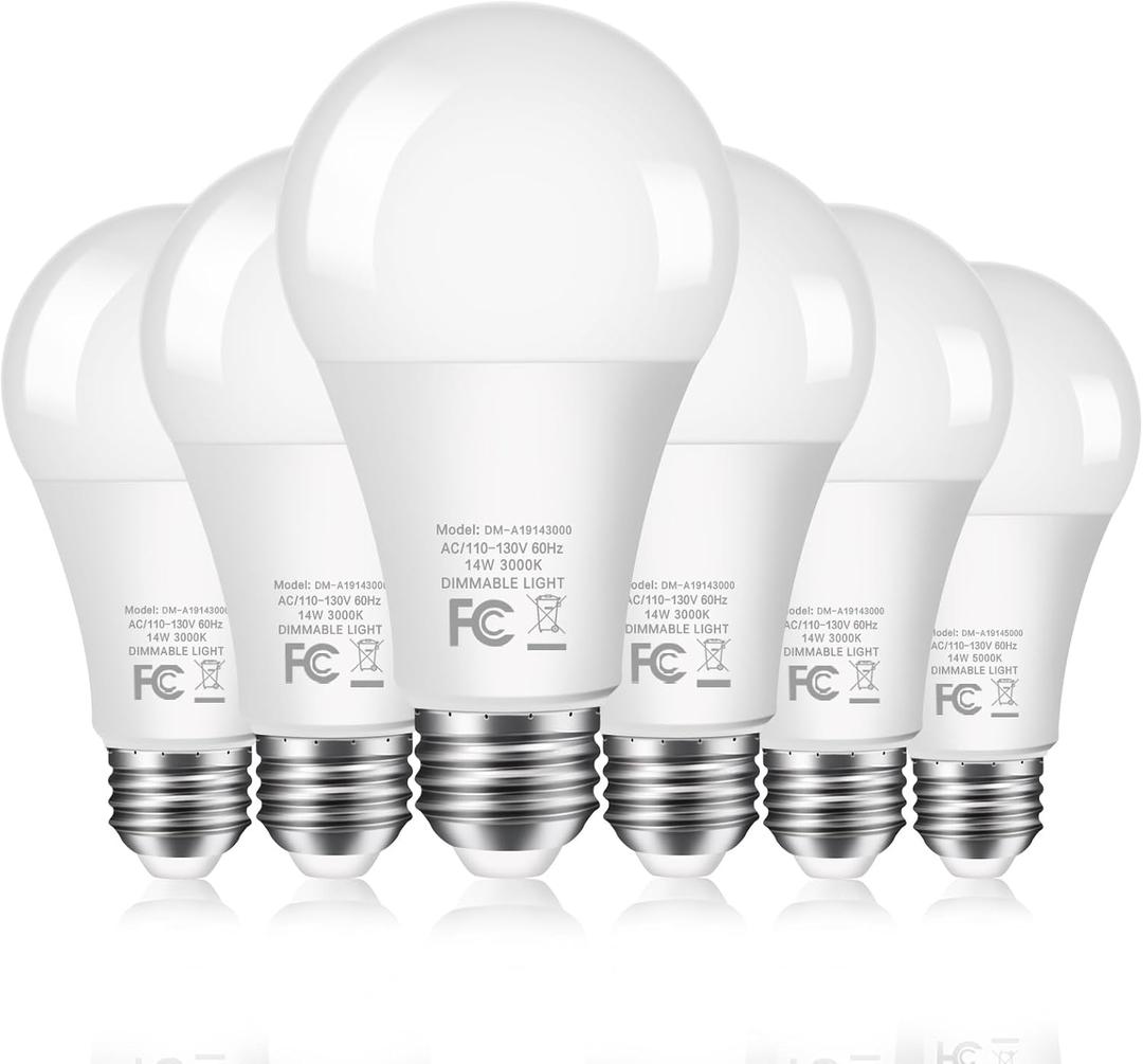 6-Pack 14W LED Dimmable Light Bulbs 100 Watt Equivalent, A19 LED Light bulbs Bright 1500LM LED Bulbs with E26 Standard Medium Base for Kitchen Bedroom Office Indoor, No Flicker, Warm White 3000K