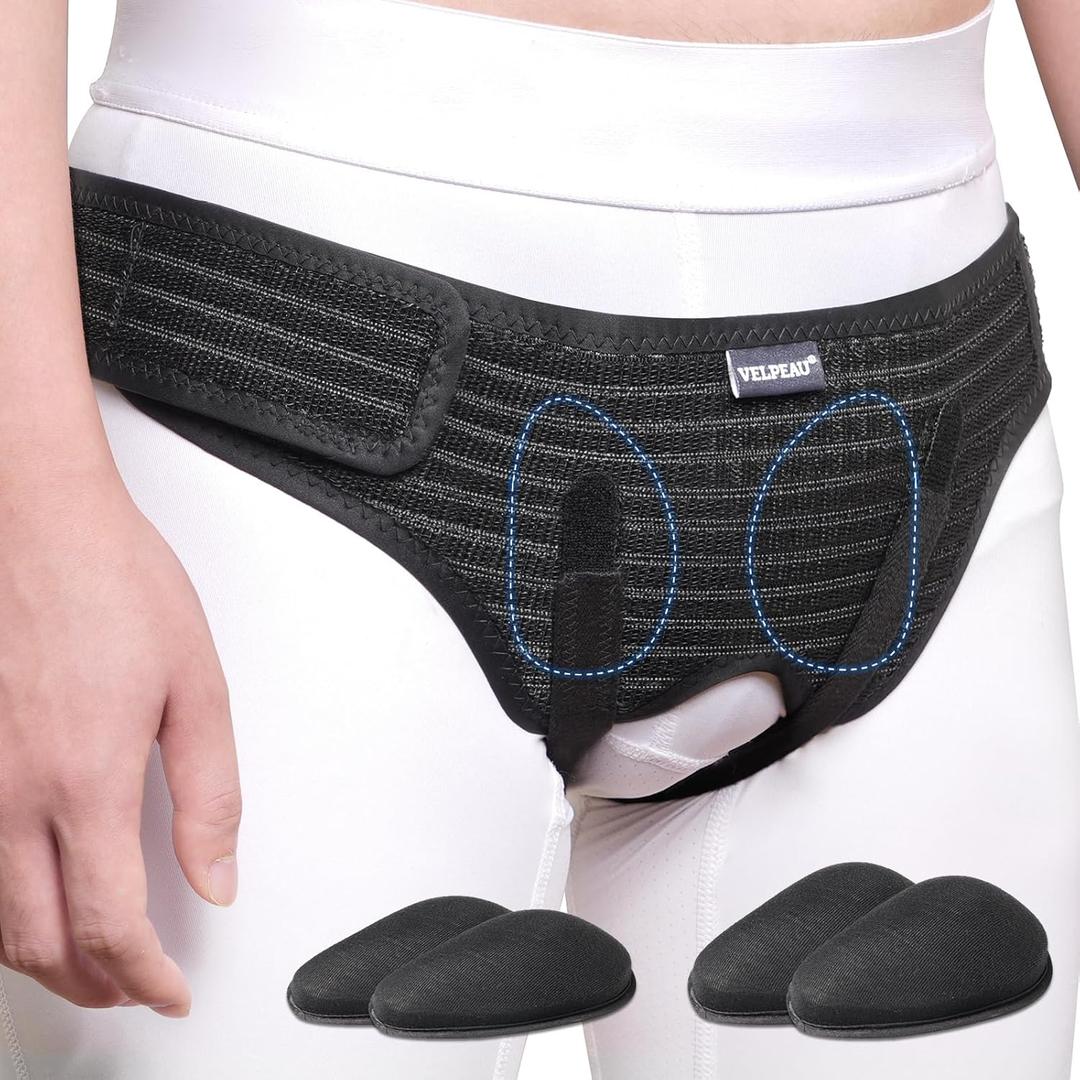 VELPEAU Hernia Belt for Men & Women - Bilateral/Double Inguinal, Groin Hernia Support Truss Underwear Briefs, Pain Relief Recovery Adjustable Strap with 2 Removable Medical Compression Pads (Black, M)