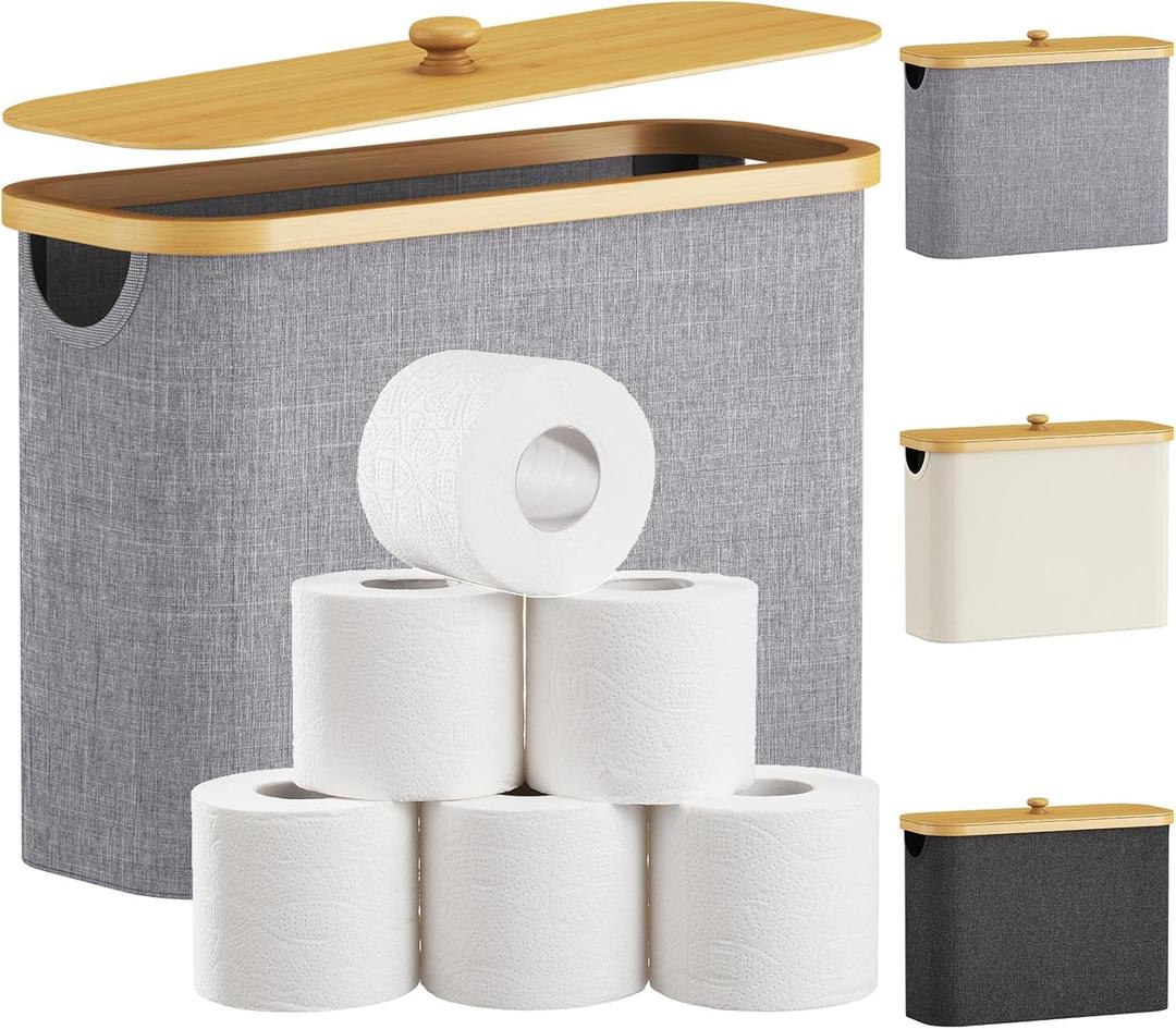 Lifewit Toilet Paper Storage Holder for 9 to 12 Rolls, Free Standing Toilet Paper Basket Stand with Bamboo Lid, Collapsible Fabric Bathroom Organizer Box for Mega Rolls, 23L, Large, Light Gray