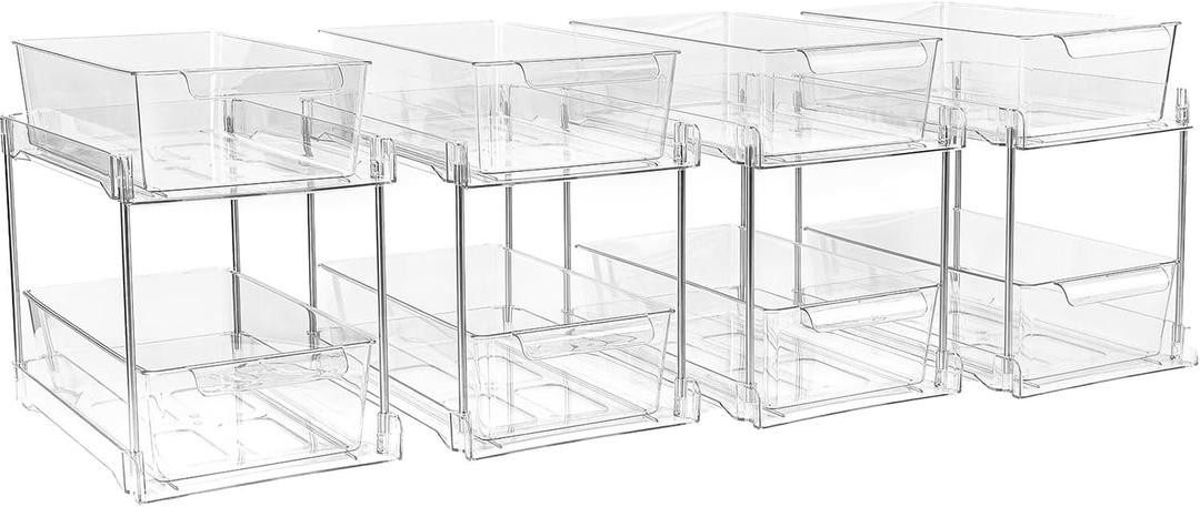 4 Pack 2-Tier Bathroom Under Sink Organizers and Storage - Clear Stackable Containers for Kitchen, Pantry, Vanity, Medicine Cabinet, Makeup, and Counter with Pull-Out Track