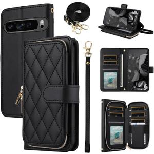 Argyle Wallet Case for Google Pixel 9/9 Pro 5G with Wrist Strap Shoulder Strap, 9+ Card Slots Zipper Purse Luxury PU Leather Stand Checkered Cell Phone Cover for Pixel9 9Pro Nine Black