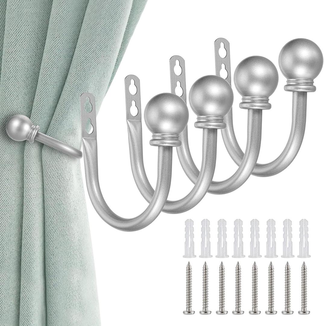 Sumnacon Set of 4 Decorative Curtain Holdbacks, Wall Mounted Aluminum Alloy Window Drapery Tiebacks for Bedroom, Livingroom Office Come with Screws,Silver