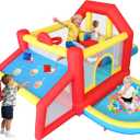 9 in 1 Inflatable Bounce House Kid Trampoline with Tall Slide, Ball Pit Pool, Skill Soccer, Throwing Sandbags Game, for Home Party or Outdoor Ages 3-10 with 520W Blower 190"x138"x76"