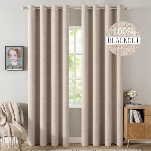 MIULEE 100% Blackout Linen Textured Curtains for Bedroom Solid Thermal Insulated Natural Beige Grommet Room Darkening Curtains & Drapes Luxury Decor for Living Room Nursery 52 x 84 Inch (2 Panels)