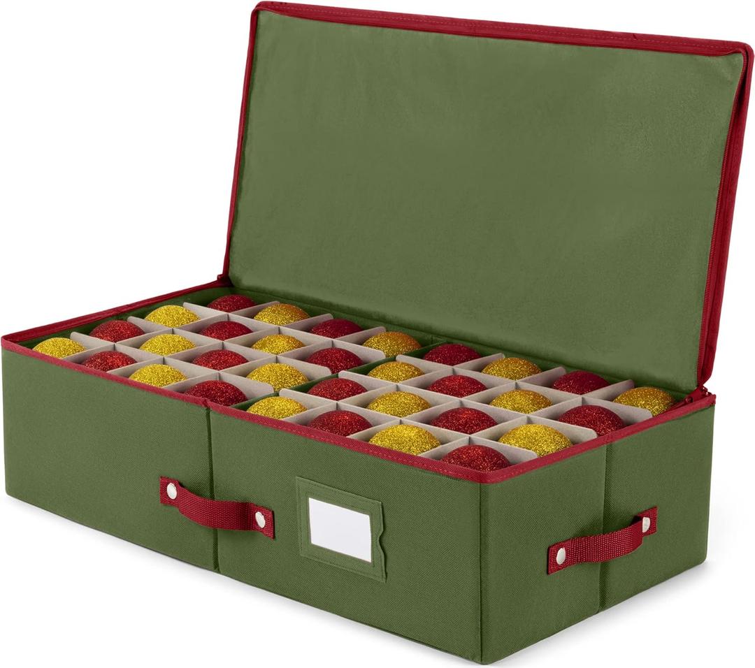 2 x ZOBER Underbed Christmas Ornament Storage Box - Stores 64 3" Ornaments, With Dividers - Tear Proof 600D Oxford Fabric, Ornament Organizer Storage Box, Durable Christmas Containers Holder - Green