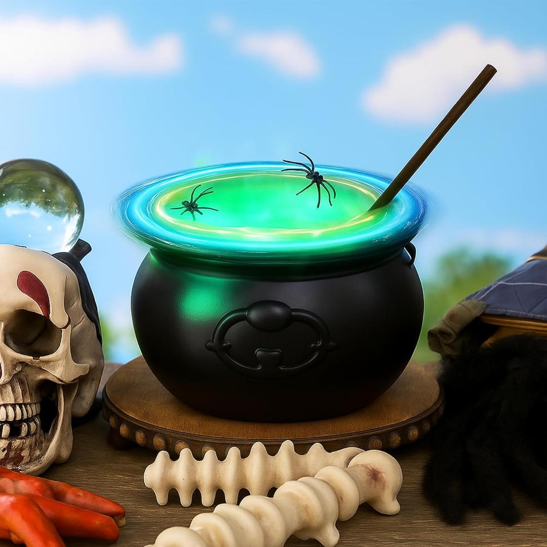 Halloween Cauldron Decorations Magic Auto Mixing Witches Cauldron Black Plastic Punch Bowl with LED Light Strings, Mini Spiders, Stirring Stick for Halloween Home Kitchen Table Mantel