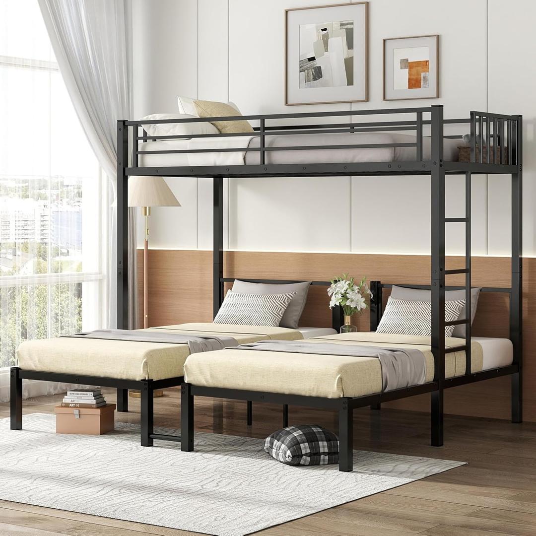 Bellemave Triple Bunk Bed for Kids, Detachable Twin Over Twin Over Twin Metal Bunk Bed with Guardrails, Ladder & Storage, Converts to 3 Separate Twin Beds, Easy to Assemble (3 Bunk Beds for Kids) (Black Wood)