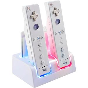 Wii Charging Dock Charger Station, 4 Port Wii Remote Controller Charger with 4 Pcs 2800mAh Rechargeable Batteries (White)