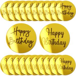 Blulu 20 Pieces Acrylic Cake Toppers Acrylic Mirror Cupcake Disc Birthday Cupcake Topper Round Topper Circle Engraved Disc for DIY Cupcake Decoration(Gold)