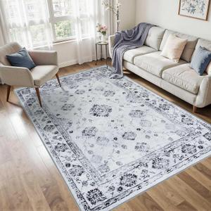 FinRec 4x6 Rugs for Living Room, Washable Vintage Floral Bedroom Rug, Non-Slip Low Pile Area Rug, Ultra-Thin Foldable Accent Indoor Carpet for Kitchen Dining Room Kids Room Home Office - Grey (White and Grey)