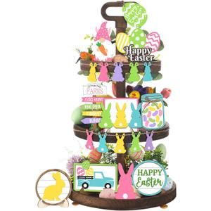 Wesiti 20 Pieces Easter Tiered Tray Decor Easter Decorations Rustic Gnome Bunny Rabbits Eggs Wooden Spring Sign Decorative Trays Signs for Home Table Office Kitchen Farmhouse Party Tabletop