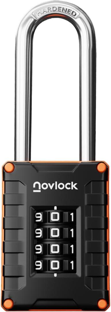 4 x 2.76 in Long Shackle Combination Lock | 4-Digit Padlock for Gym Locker, Cabinets, Toolboxes, Gates, Fences, Sheds | 1-Pack, Black/Orange