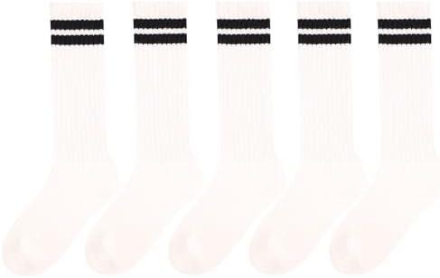 JoJoManly Chunky Ribbed Cotton Striped Socks Retro Double Stripes Scrunch Crew Socks, 4 Pairs with Present Box