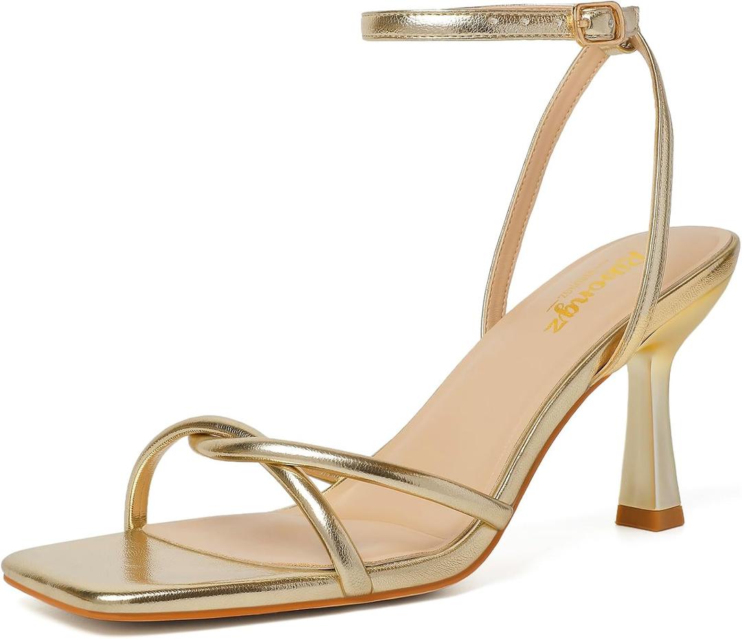 RIBONGZ Women's Heeled Sandals Square Open Toe Kitten Strappy Heels with Ankle Strap Elegant Summer Wedding Party Evening Prom Daily Wear Lace Up Dress Shoes, 9.5