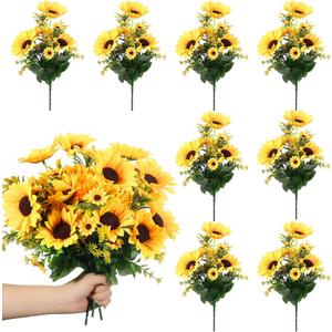 8 Packs Artificial Sunflowers with Stems Silk Fake Sunflowers Bouquet Bulk Yellow Wedding Faux Flower Bunches for Wedding Party Decoration Vase Home (Fresh Style)