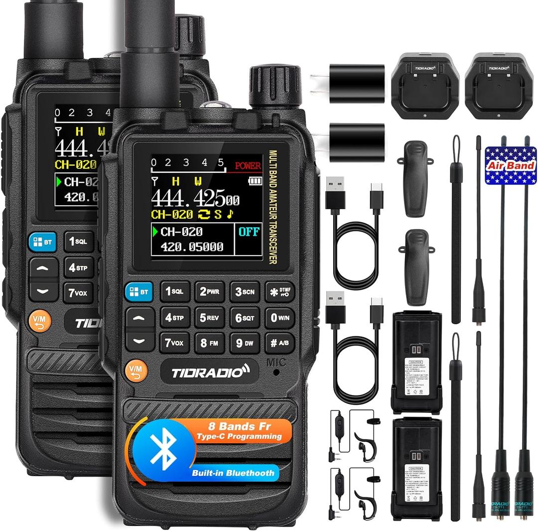TIDRADIO TD-H3 Ham Radio Type C & Wireless Programming 8-Band Long Range Walkie Talkies Rechargeable Handheld Rapid Two Way Radios Air Band, Frequency Match,Mode Switchable, NOAA FM AM- Full Kit 2Pack