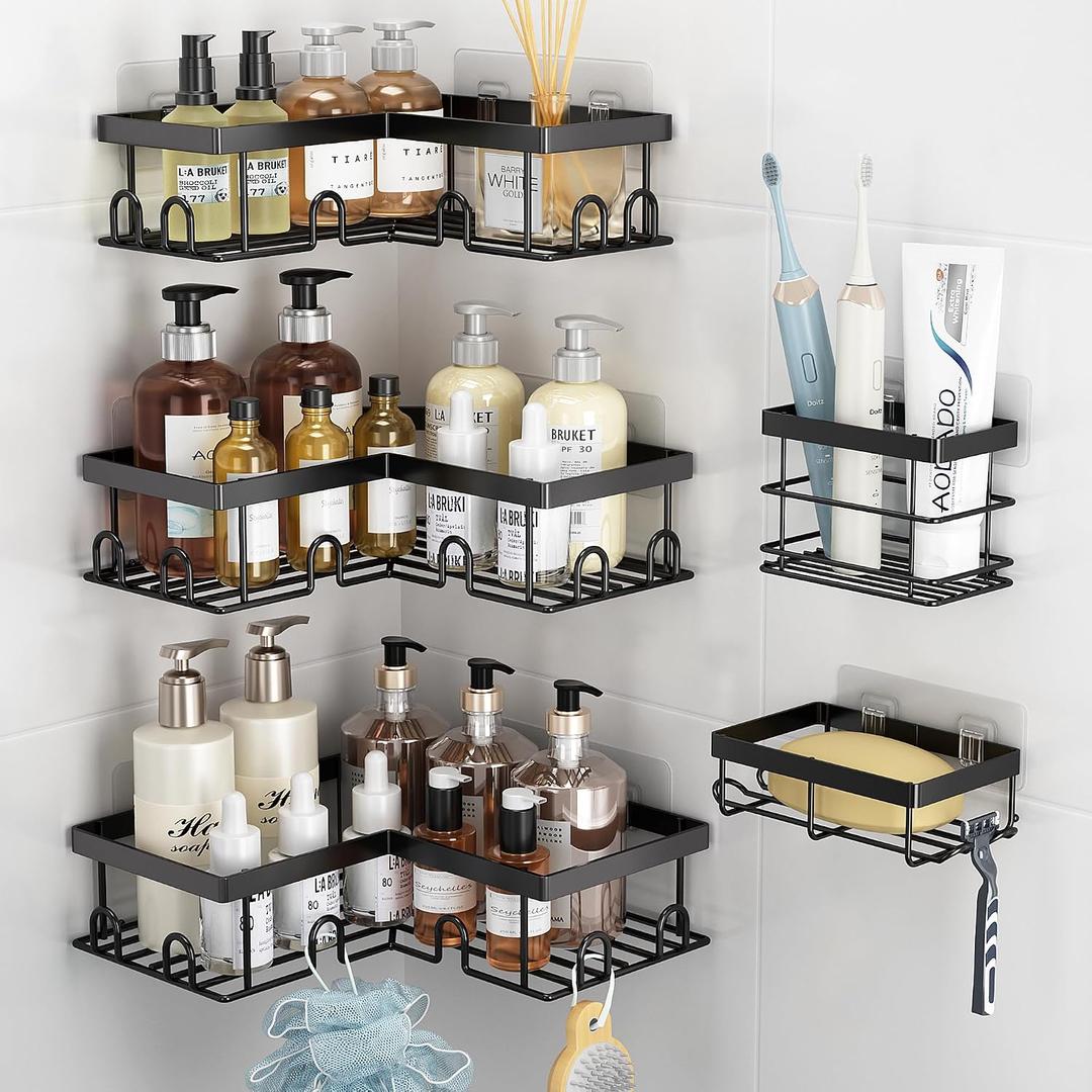 Liuoud Corner Shower Caddy 5 Pack, Rustproof Stainless Steel Shower Organizer with Soap Rack Toothbrush Holder, Large Capacity Adhesive No Drilling Bathroom Storage Decor Set, Black