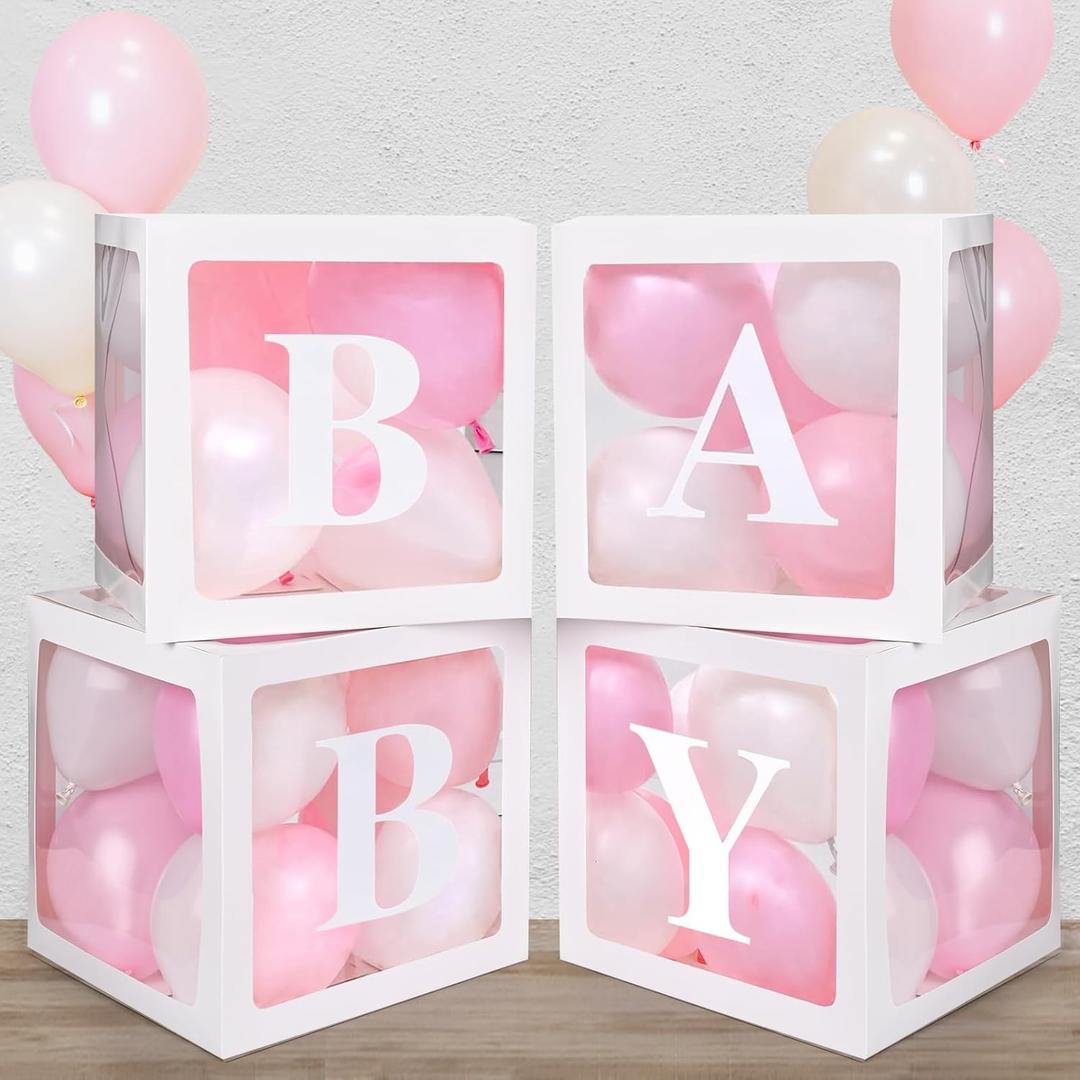 Baby Boxes with 4 Letters,40 Pink Balloon for Baby Shower Decorates,4 pcs clear Balloon Boxes BABY Blocks for Girls Birthday Party Decoration, Pink