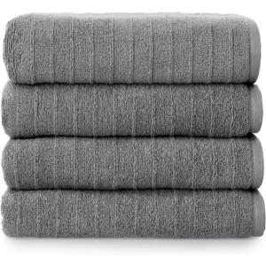 Welhome James 100% Cotton Textured Stripe Towels - 4 Pack Bath Towels, Soft & Absorbent, Gray, 4 Piece Bath Towel