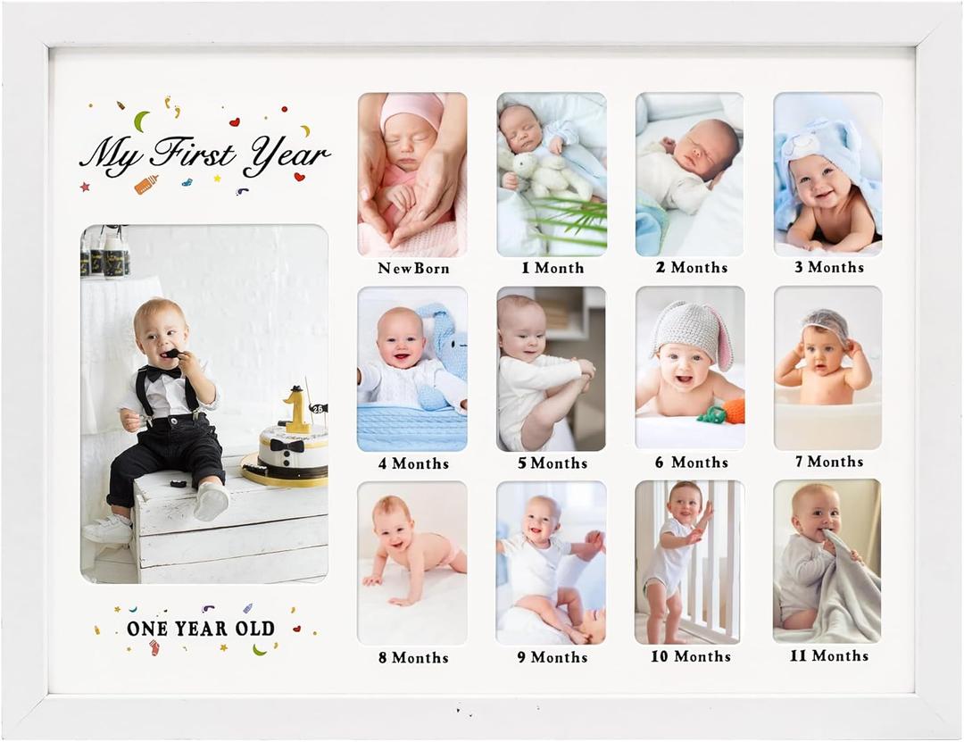 Baby First Years Photo Frames 12 Month Picture Frame 12 * 16 for Holds (1) 5x7 & (12) 2x3 Wallet Size Photos White (White Frame With White Mat-Horizontal)
