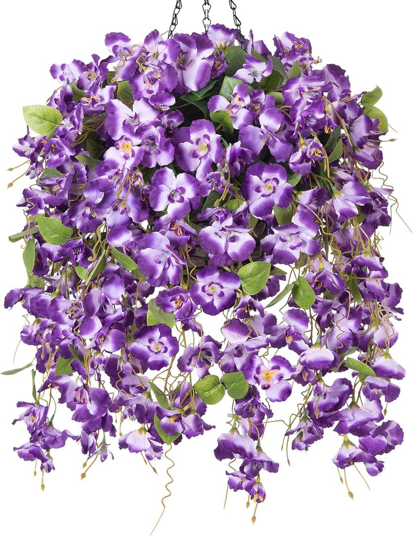 Artificial Fake Hanging Hibiscus Flowers Plants Baskets for Outdoor Decoration, Faux Silk Hibiscus Long Vines in Planter UV Resistant Realistic Flowers for Outside Porch Patio Home Decor, Darkpurple