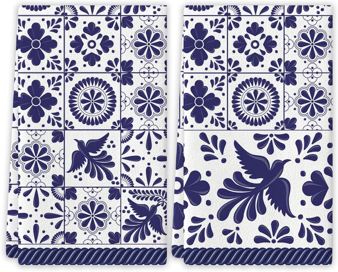 Mexican Kitchen Towels Blue Patchwork Tiles Dish Towels Mexican Fiesta Talavera Floral Bird Decor Mexican Dia de Los Muertos Decorations for Simple Life Home Party