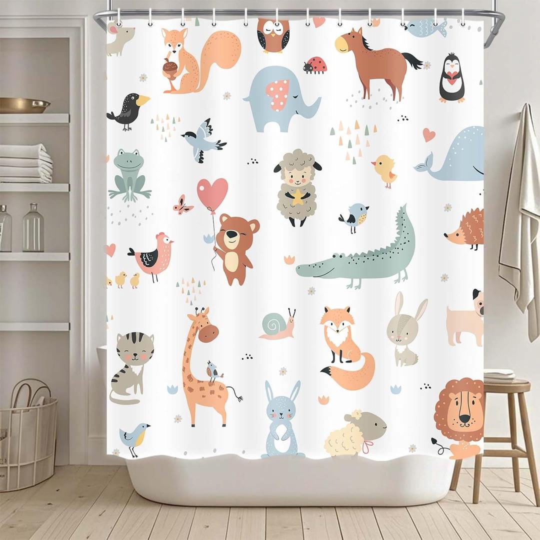 Animal Shower Curtain for Kids, Boho Tropical Animals Shower Curtains Nursery Giraffe Crocodile Hippo Zebra Monkey Cartoon Bath Curtains, Waterproof Educational Bathroom Set with 12 Hooks 72X72 Inch