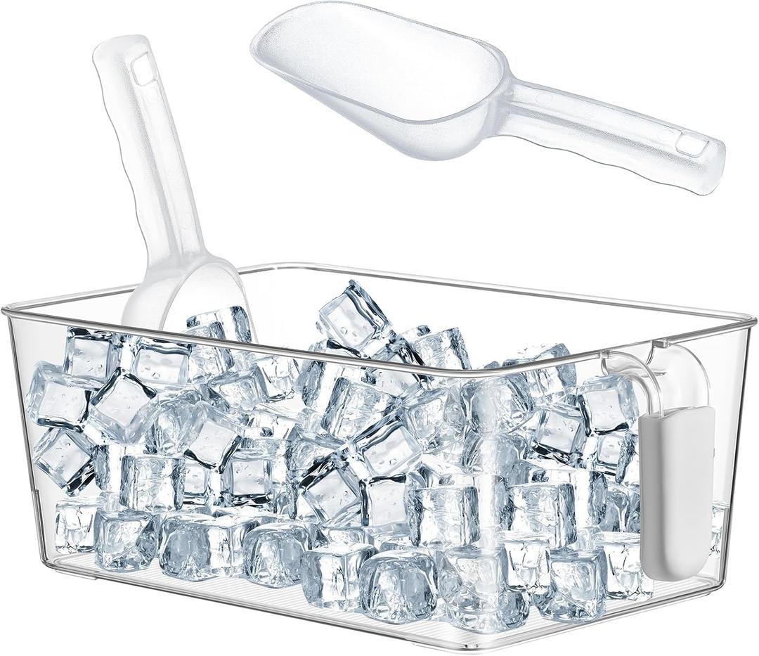 Havawish Ice Bin and Flexible Scoop Set Plastic Freezer Ice Bin with Pull out Handle Storage Bucket Clear for Container with Bucket Scoop (Gray, Clear,10.83 x 7 x 4.33 in,Standard No Lid)