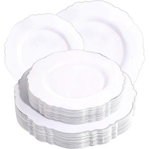 WDF 60pcs Silver Plastic Plates-Baroque White &Silver Plates for Upscale Parties &Wedding-including 30Plastic Dinner Plate 10.25inch, 30 Salad Plate 7.5inch for Valentine's Day