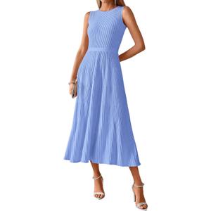 BTFBM Women Midi Bodycon Tank Dress Summer Crewneck Sleeveless Pleated A Line Business Casual Knit Sweater Fall Dresses (Sky Blue) S