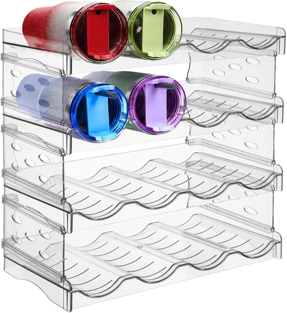 OMISTAR 4 Tiers Water Bottle Organizer, Clear Plastic Stackable Shelf Compatible with Stanley, Holds 16 Cups 32 oz, Non-Slip Breathable Kitchen Rack, Detachable No-Tool Installation