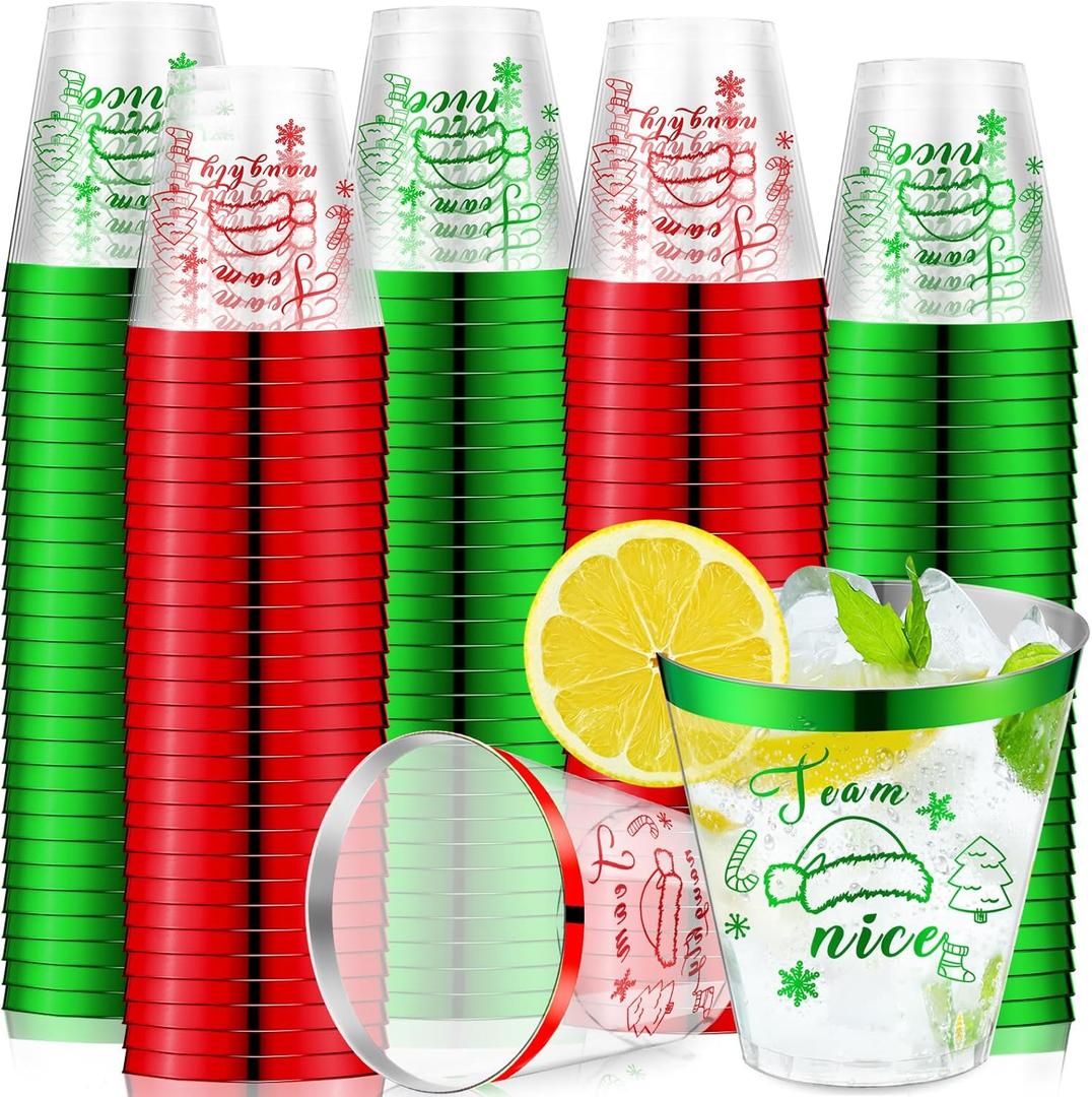 Tioncy 100 Pcs 9 oz Christmas Plastic Cups Christmas Disposable Wine Cups Team Naughty or Nice Christmas Cups Bulk Christmas Drinking Cups Coffee Cocktail for Xmas Wedding Party Supplies (Stylish)