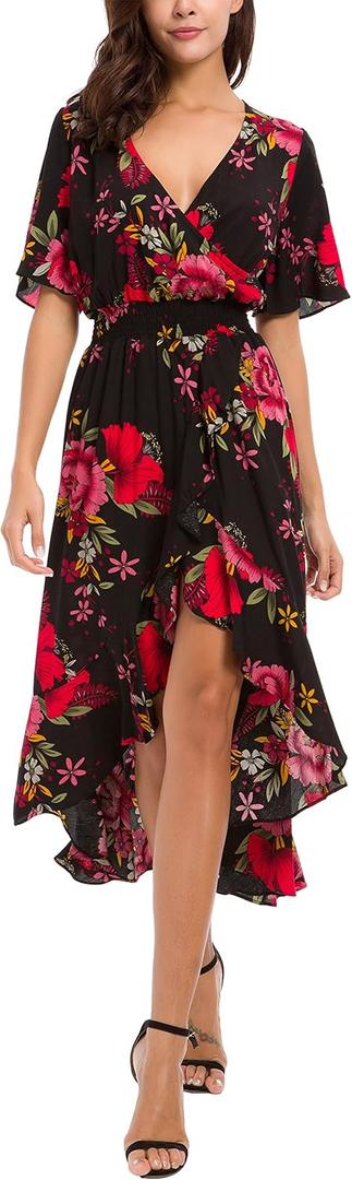 Kormei Womens Short Sleeve Floral Maxi Dress High Low V-Neck Flowy Party Long Dresses (XS, Black/Red)