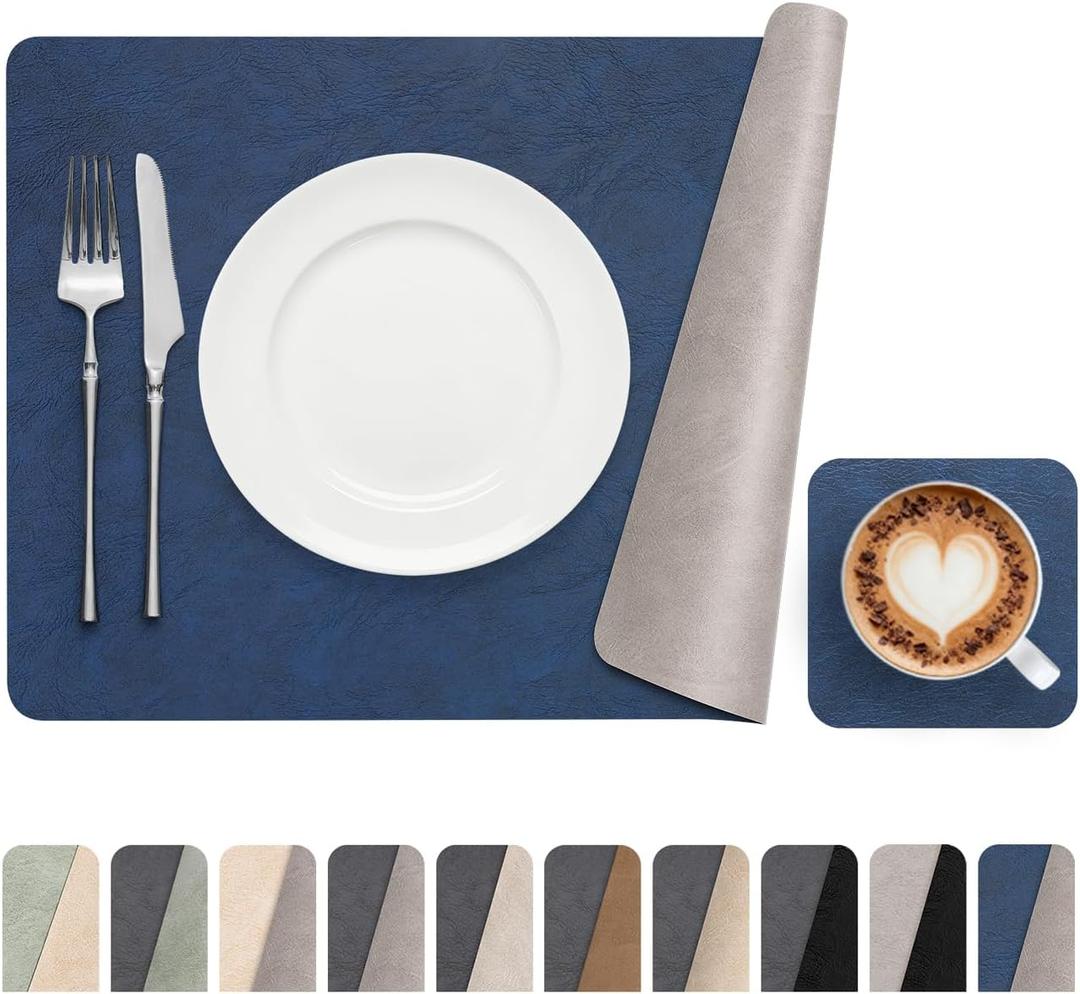Dual-Sided Two-Tone Vinyl Placemats Set of 4 with Coasters, 12x17 Inch - Waterproof Faux Leather Table Mats,Heat Resistant Washable Wipeable Place Mats for Kitchen Dining, Navy Blue/Light Gray