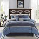 Madison Park Cozy Comforter Set Casual Modern Design All Season, Matching Bed Skirt, Decorative Pillows, Queen(90"x90"), Blue Grey, 7 Piece (MP10-1636)