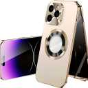 Magnetic Metal Edge Full Body Military Drop Protection for iPhone 16 Pro Max Case,Compatible with MagSafe,Rugged Built-in Privacy Screen Protector Logo View Shockproof Cover,Gold