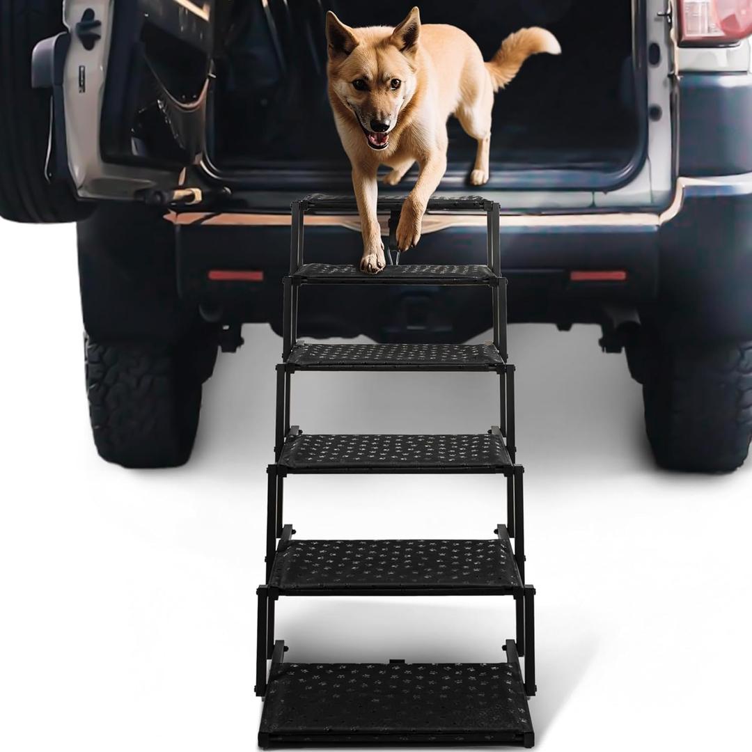 Dog Stairs for Car - Foldable Dog Ramps for Large Dogs with Non Slip Surface, Portable Dog Steps for Cars and SUV, Truck, Support Up to 200 Lbs, 6 Steps (Black)