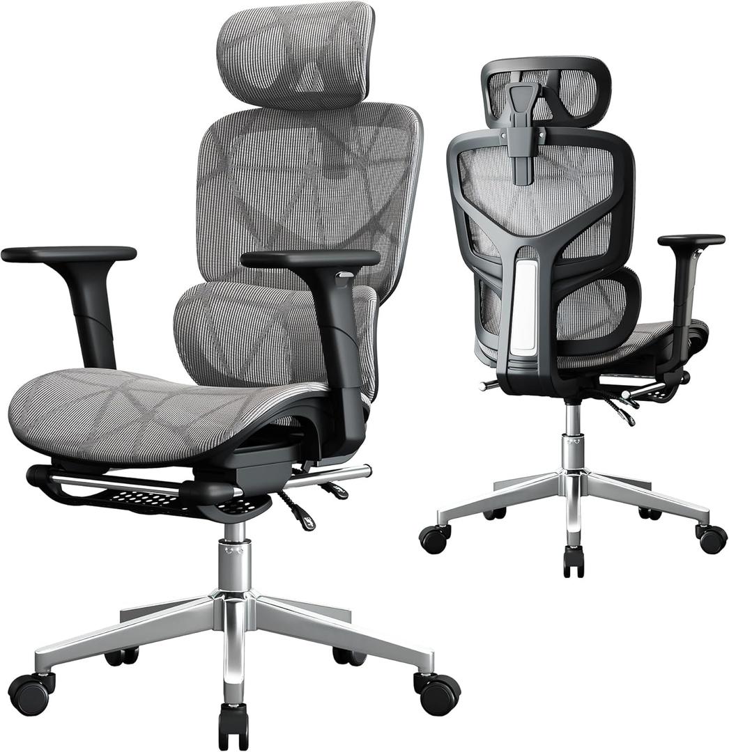 Mesh Office Chair,Ergonomic Computer Chair,Adjustable Lumbar High Back Desk Chair 400lbs,4D Adjustable Armrests & Removable Headrest,Breathable Mesh Chair for Adults,Home Gaming & Workplace(Gray), Oversized
