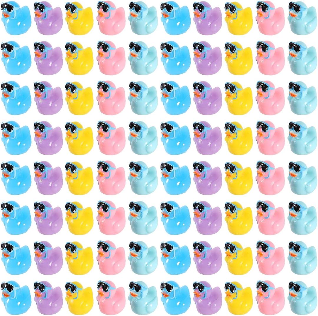 100pcs Summer Beach Ducks, Mini Resin Ducks Colorful Duck Figurines with Surfing Glasses Surfboards for Baby Shower Miniature Garden Landscape DIY Dollhouse Potted Plants Pool Party Decoration