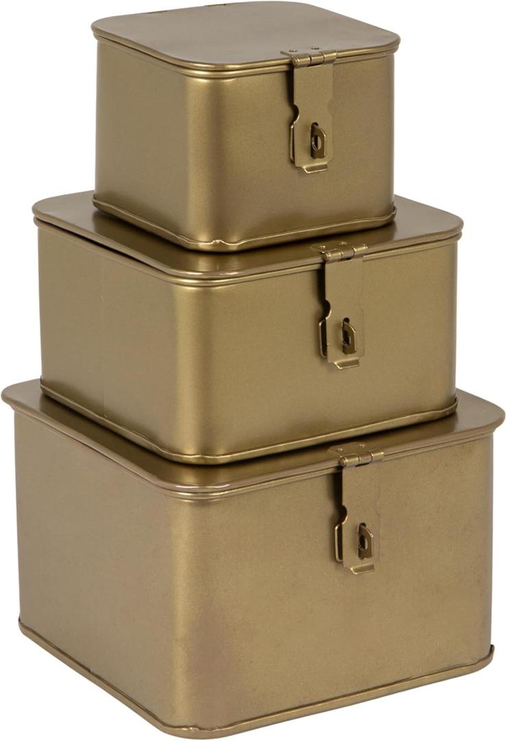 Creative Co-Op Square Decorative Metal Boxes with Gold Finish (Set of 3 Sizes)