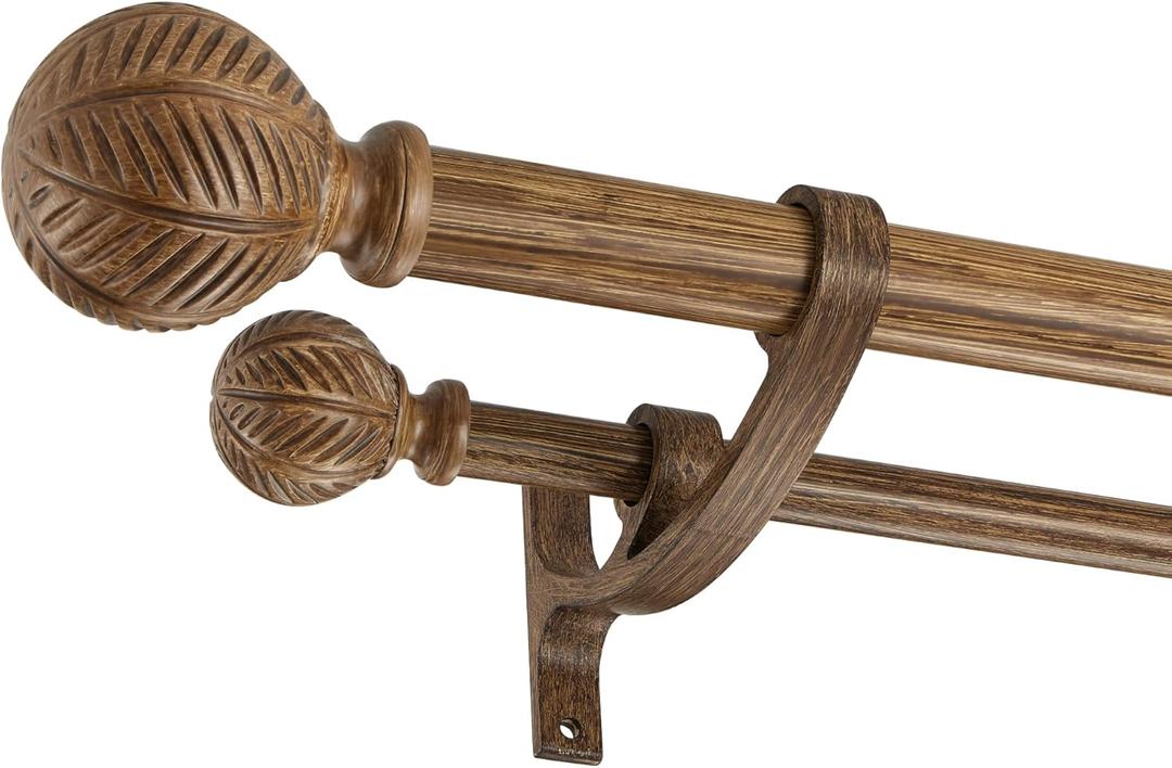 Wood Double Curtain Rods Set for Windows 36 to 72 Inches (3 to 6 ft), Adjustable Heavy Duty Dual Drapery Rods, 1 Inch Boho Rustic Decorative Design with Imitation Wood Grain Leaf Finials