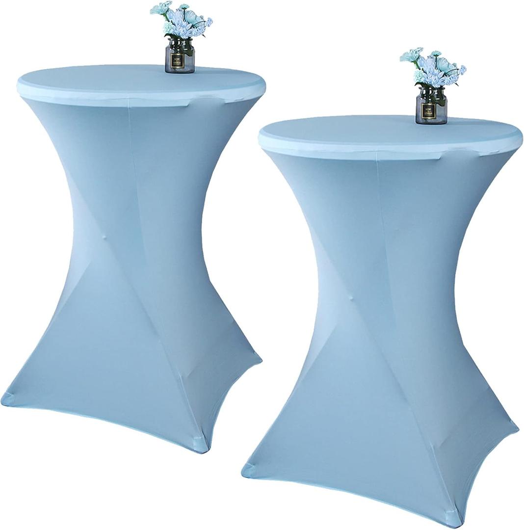 2 Pack 24x43 Inch Light Blue Cocktail Tablecloth Spandex Round Fitted Table Cover for Wedding Banquet Event Party