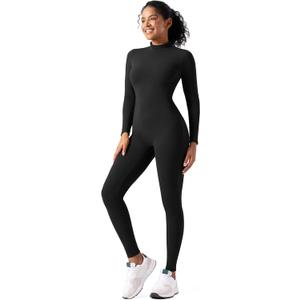 speerise Women Bodysuit Rompers Long Sleeve Jumpsuits Leotards One Piece Tummy Control Yoga Workout Outfits (Small, Black)